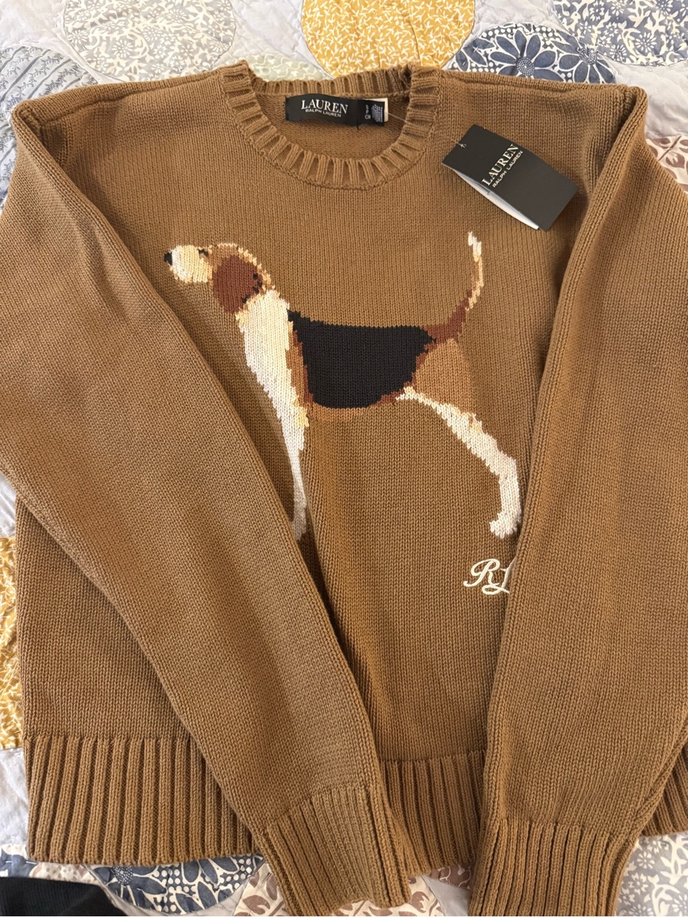 Women’s Lauren Ralph Lauren Camel Crewneck Sweater with Beagle Design